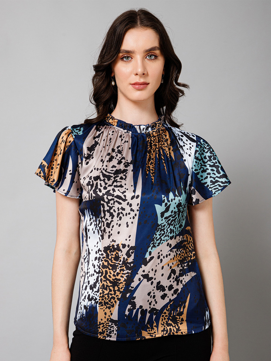 PURYS Animal Printed Mandarin Collar Satin Top