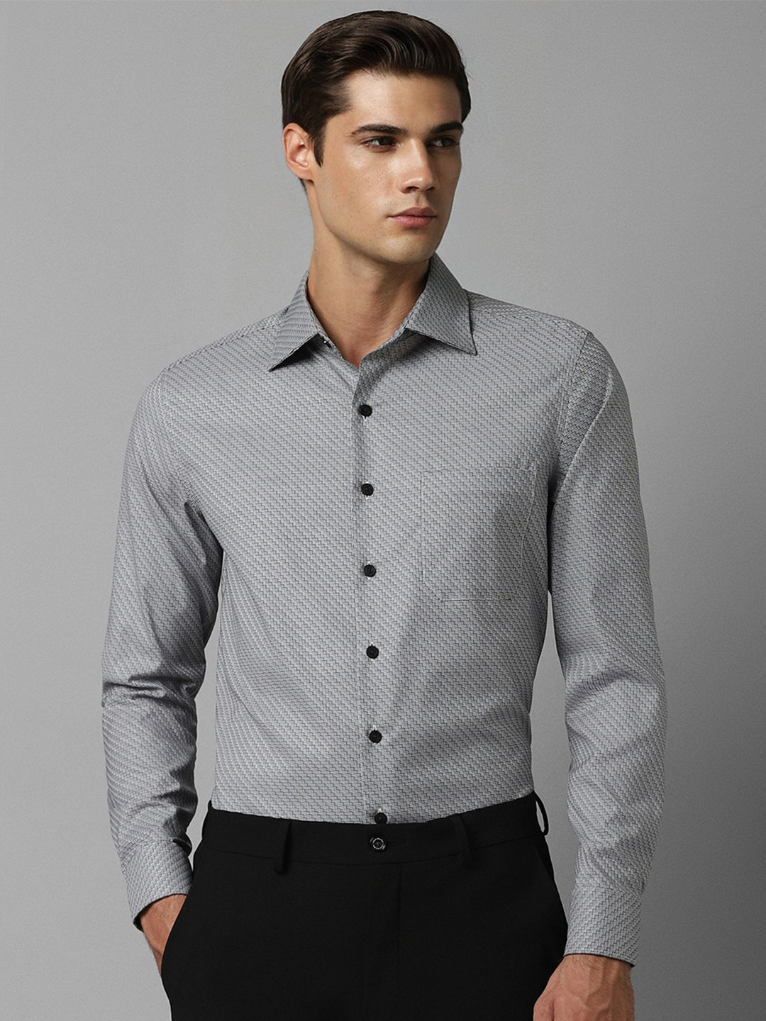 Louis Philippe Super Slim Fit Micro Ditsy Printed Spread Collar Long Sleeves Formal Shirt