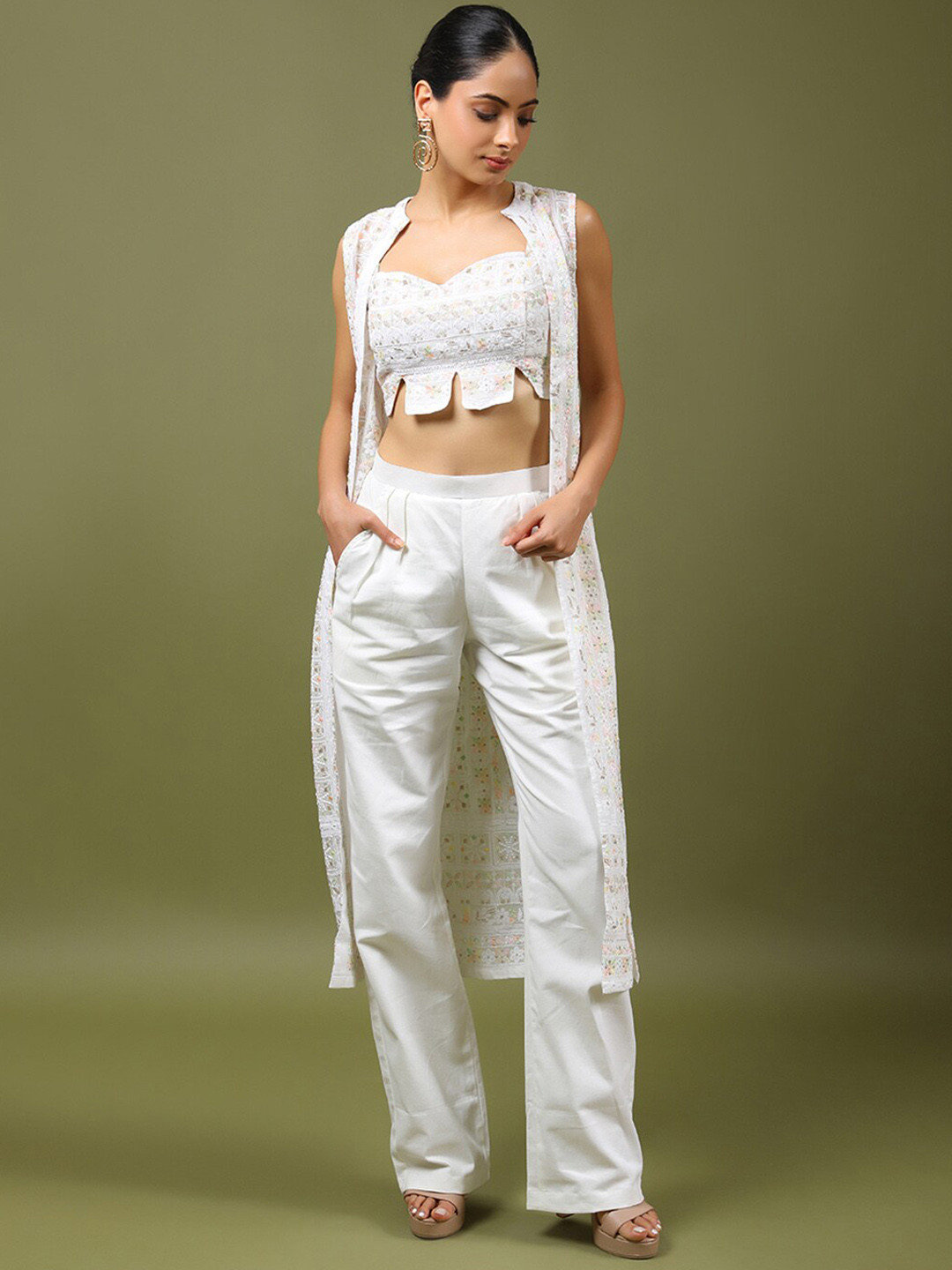 HANDME Embroidered Square Neck Chikankari Top with Trousers & Shrug