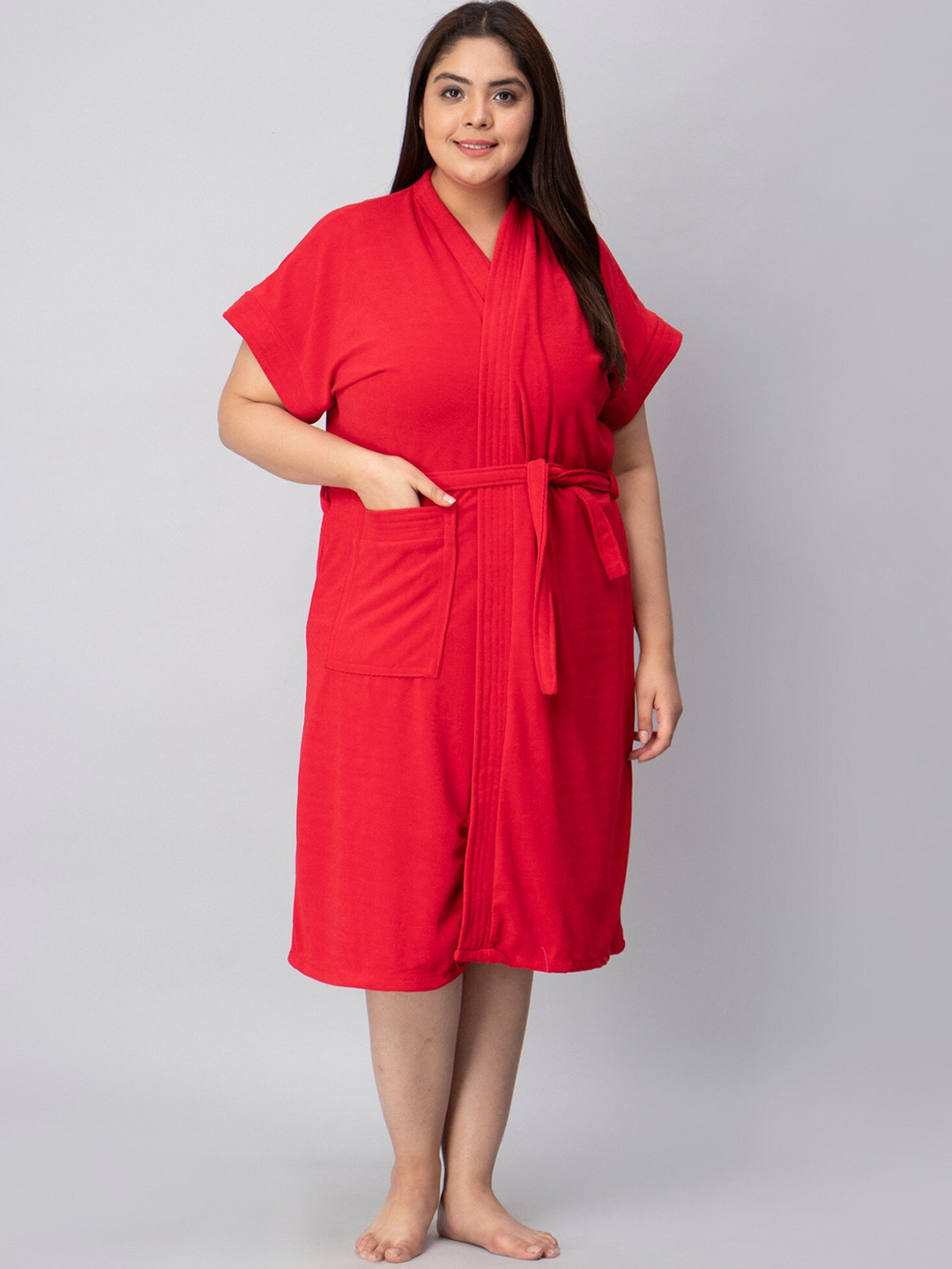 HotGown Red Solid Terrycloth Drawstring Midi Bath Robe-3XL