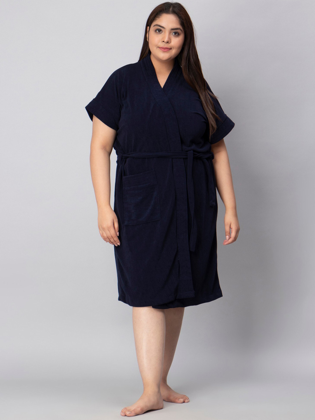 HotGown Navy Blue Solid Terrycloth Drawstring Midi Bath Robe-3XL