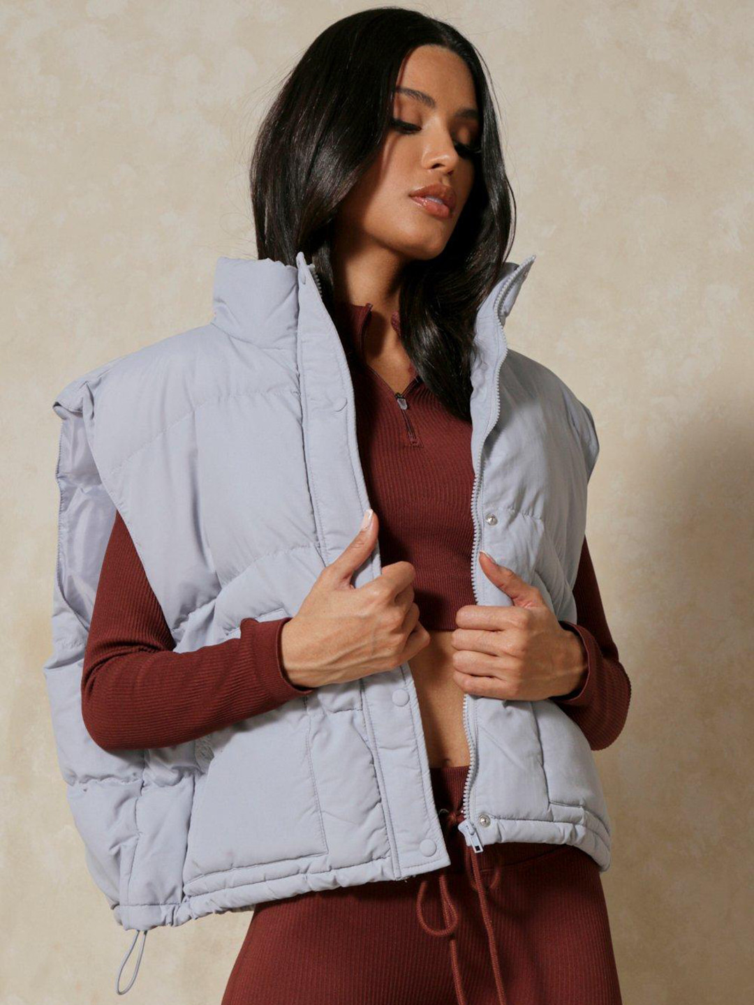 MISSPAP Solid Mock Collar Sleeveless Padded Jacket