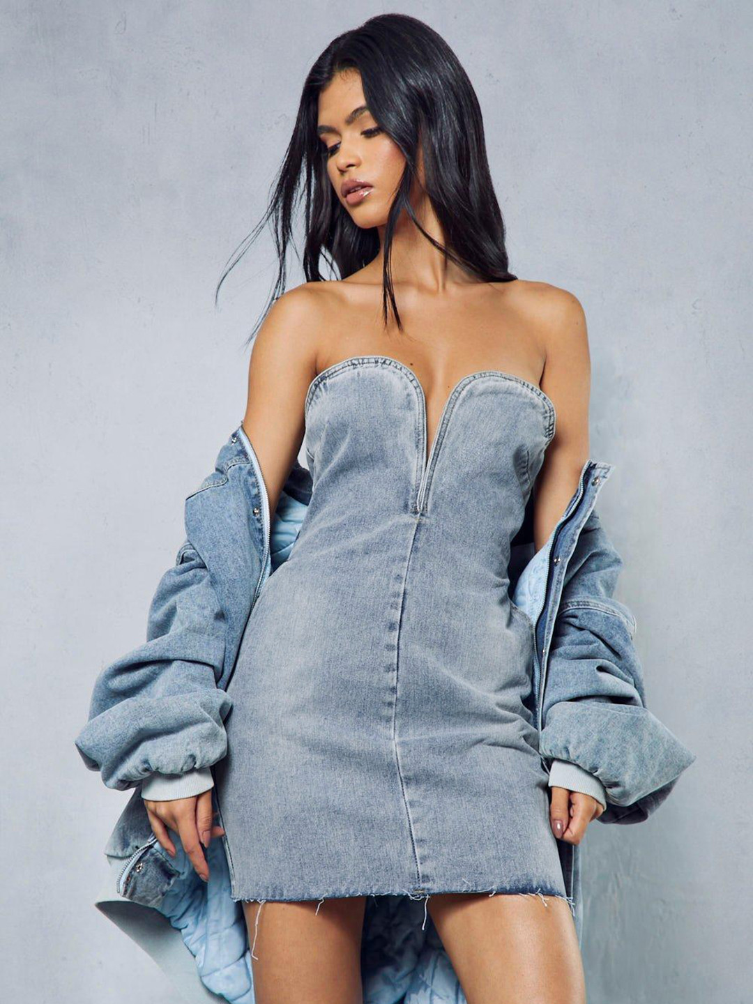 MISSPAP Sweetheart Neck Frayed Hem Denim Bodycon Mini Dress