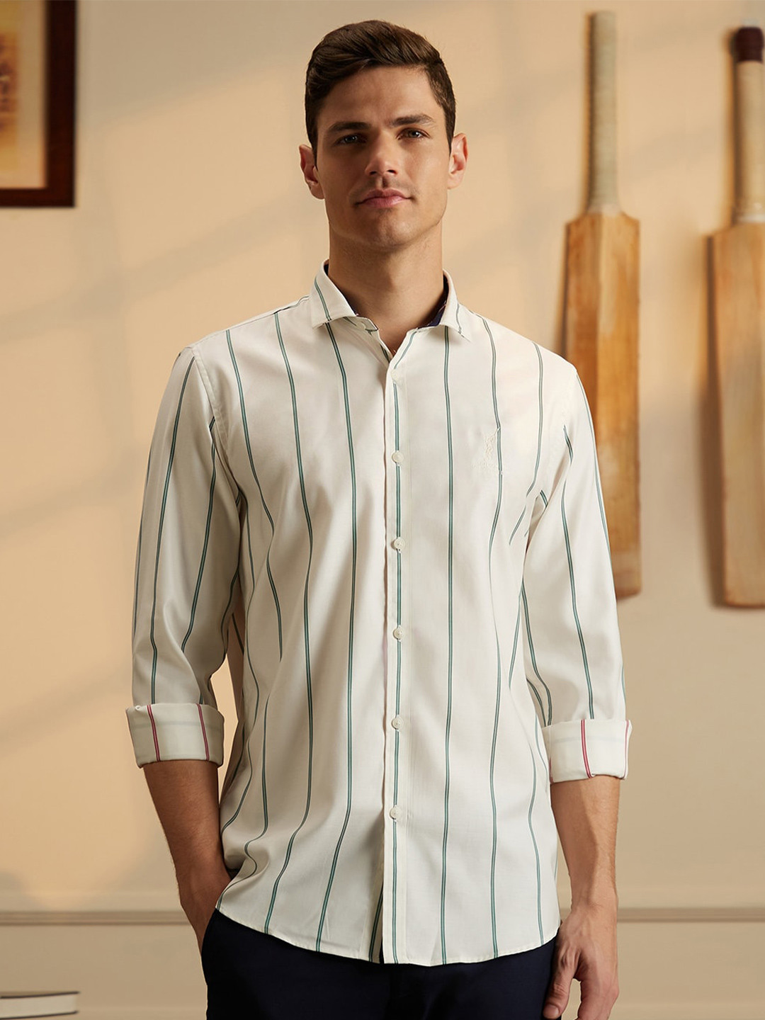 Peter England Casuals Men Cream Slim Fit Striped Cricket Inspired Cotton Shirt