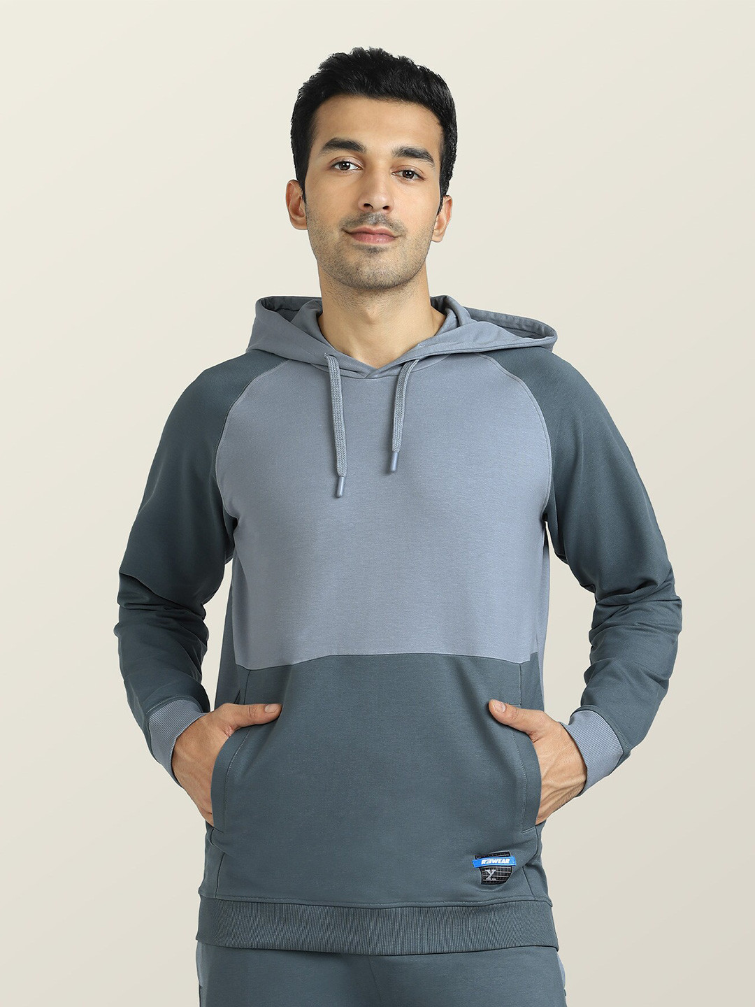XYXX Grey Colourblocked Hooded Cotton Pullover Sweatshirt