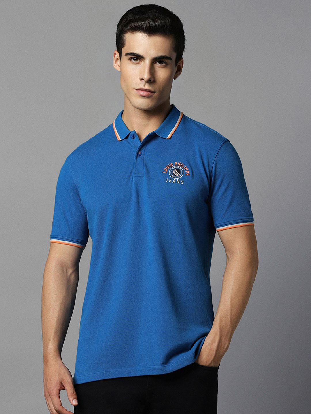 Louis Philippe Jeans Men Blue Polo Collar Applique Slim Fit T-shirt
