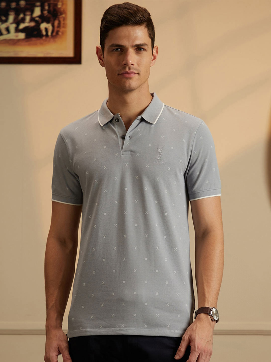 Peter England Casuals Men Grey Printed Cricket Inspired Cotton Polo T-Shirt