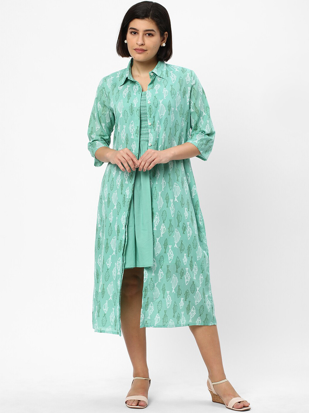 R&B Conversational Printed Shirt Collar Smocked Cotton A-Line Dresses
