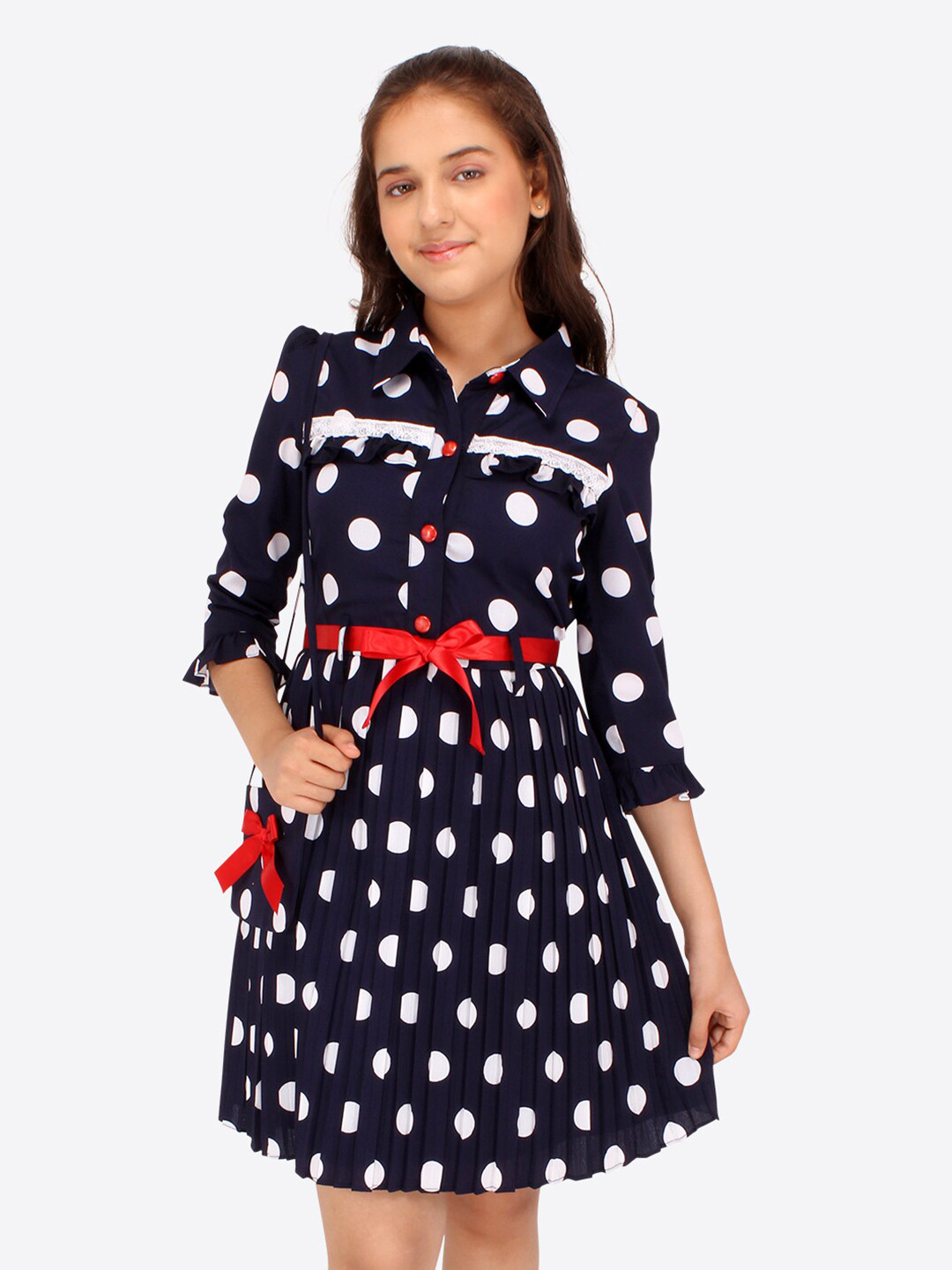 CUTECUMBER Girls Polka Dot Printed Shirt Collar Pleated Shirt Dress