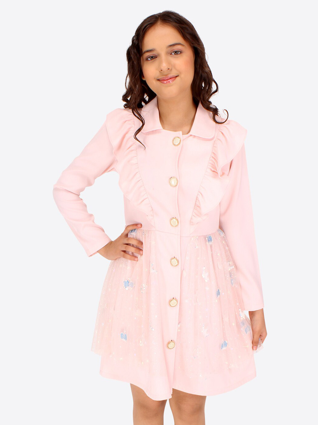 CUTECUMBER Girls Shirt Collar Ruffled Fit & Flare Dress