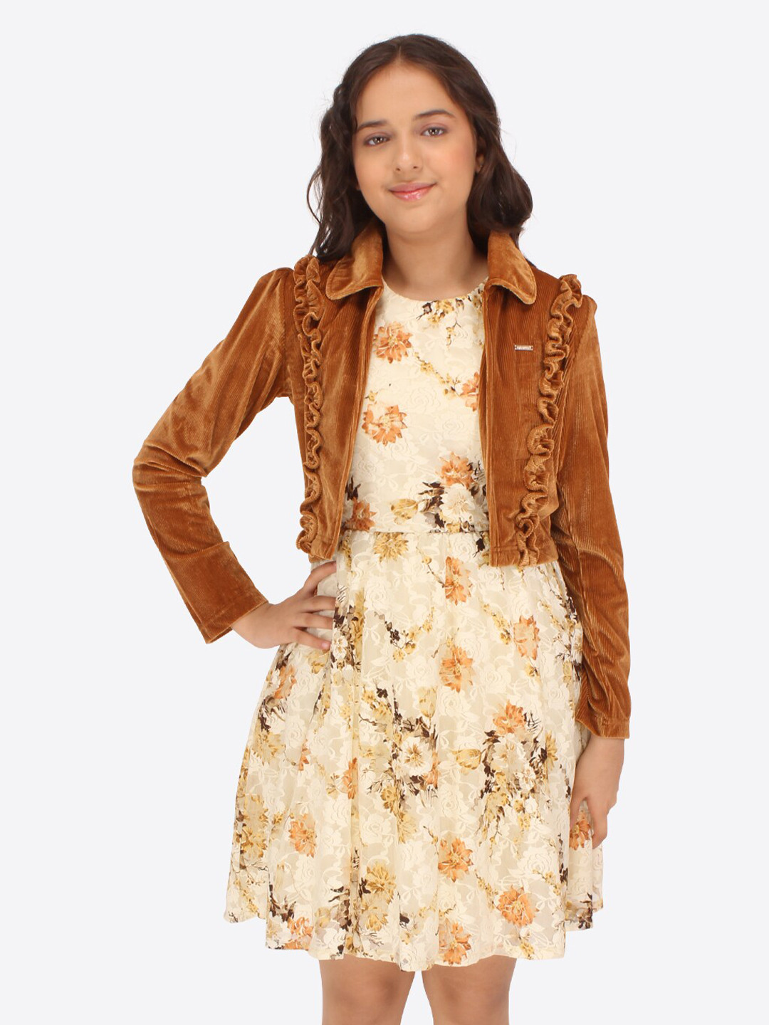 CUTECUMBER Girls Floral Printed Gathered A-Line Dress With Shrug
