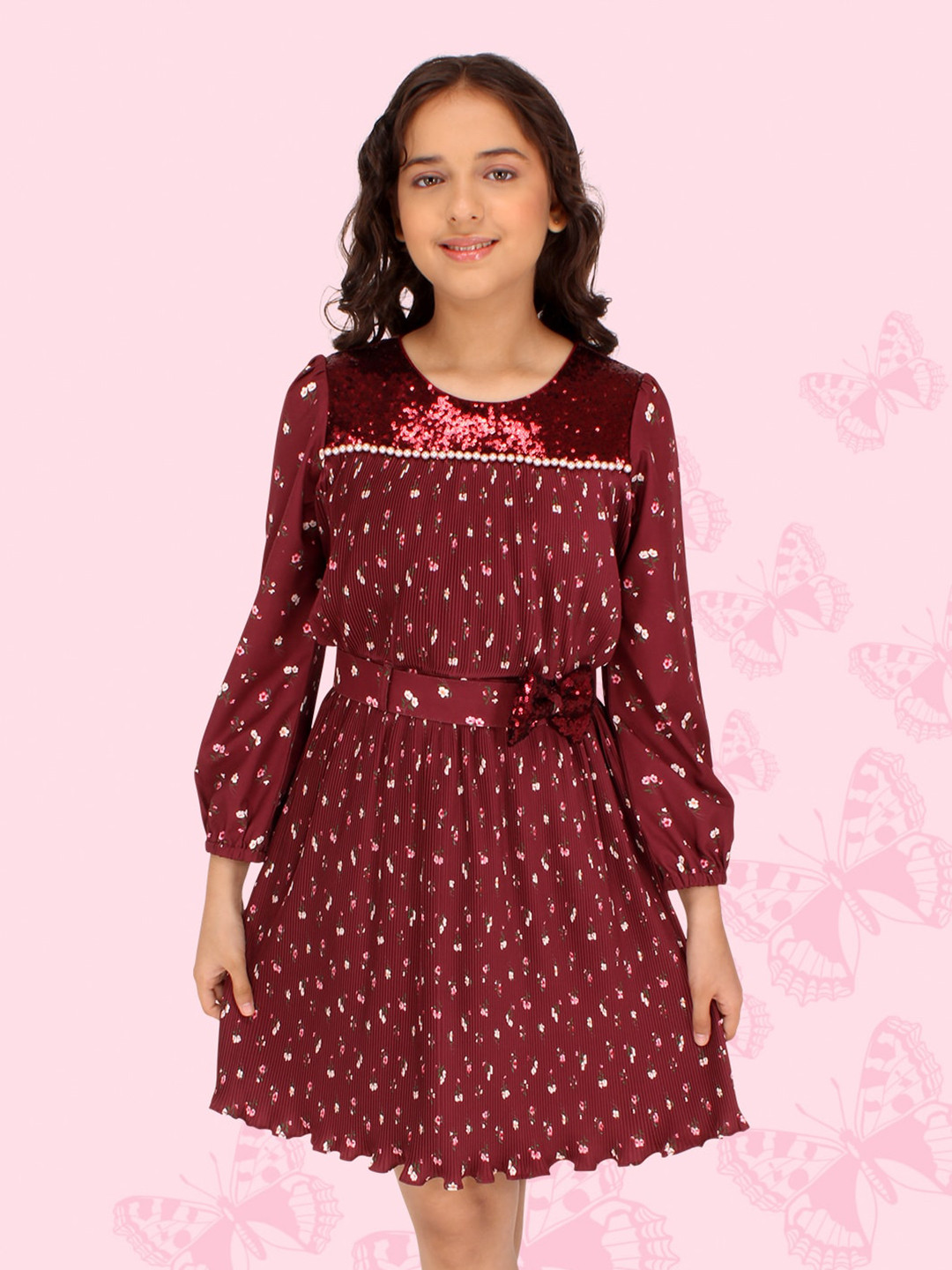 CUTECUMBER Girls Abstract Printed Sequined Georgette Fit & Flare Dress