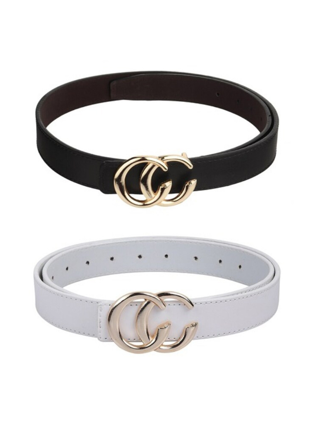 DressBerry Women Pack of 2 Formal Black & White Solid Push Pin Closure Belt