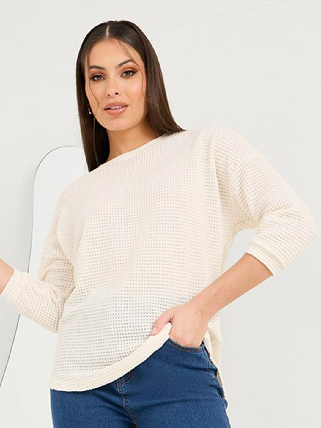 Styli Beige Textured Round Neck Drop-Shoulder Sleeves Curved Hem Oversized Top