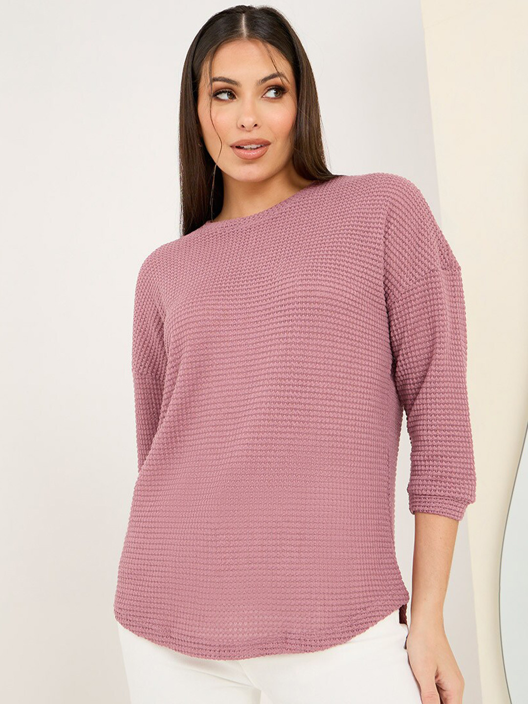 Styli Pink Textured Round Neck Drop-Shoulder Sleeves Curved Hem Oversized Top