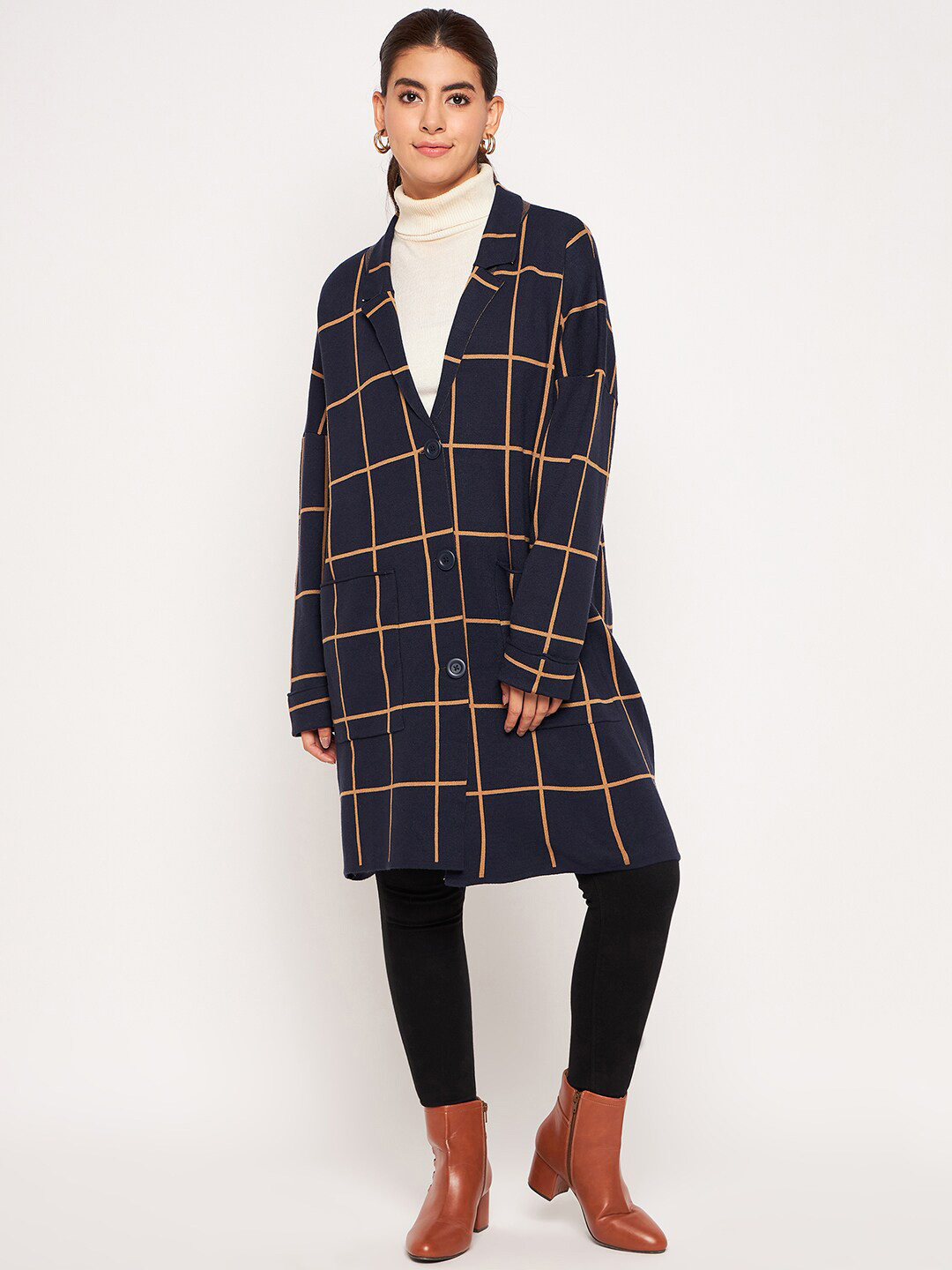 Camey Checked Woolen Collared Longline Overcoat