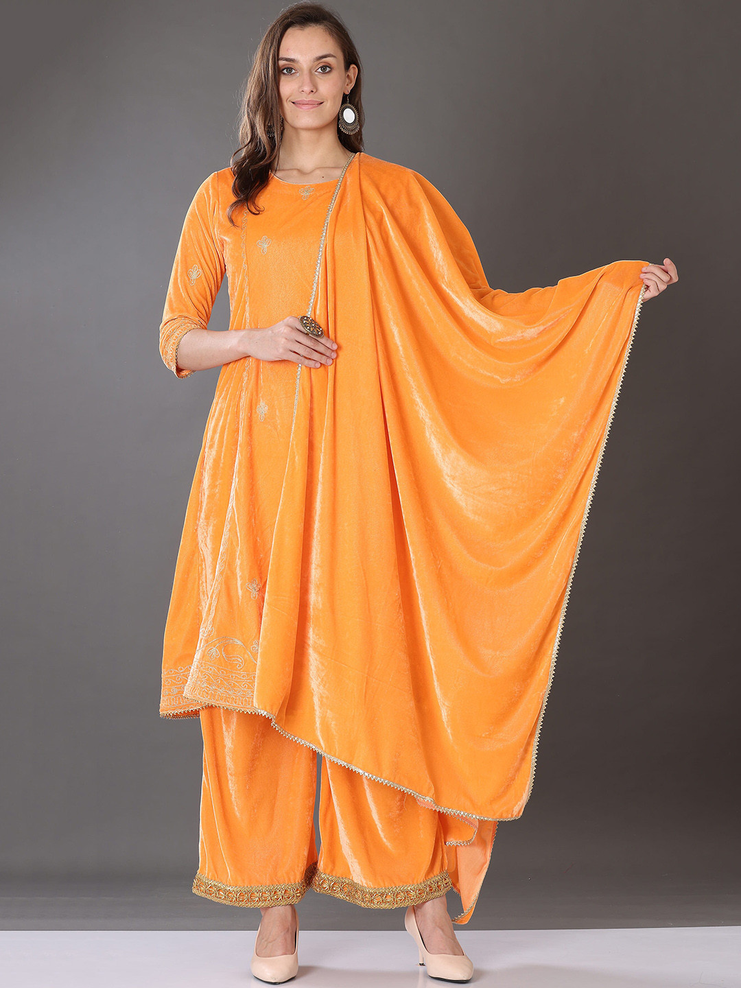 KAANCHIE NANGGIA Ethnic Embroidered Panalled A-Line Velvet Kurta with Palazzos & Dupatta