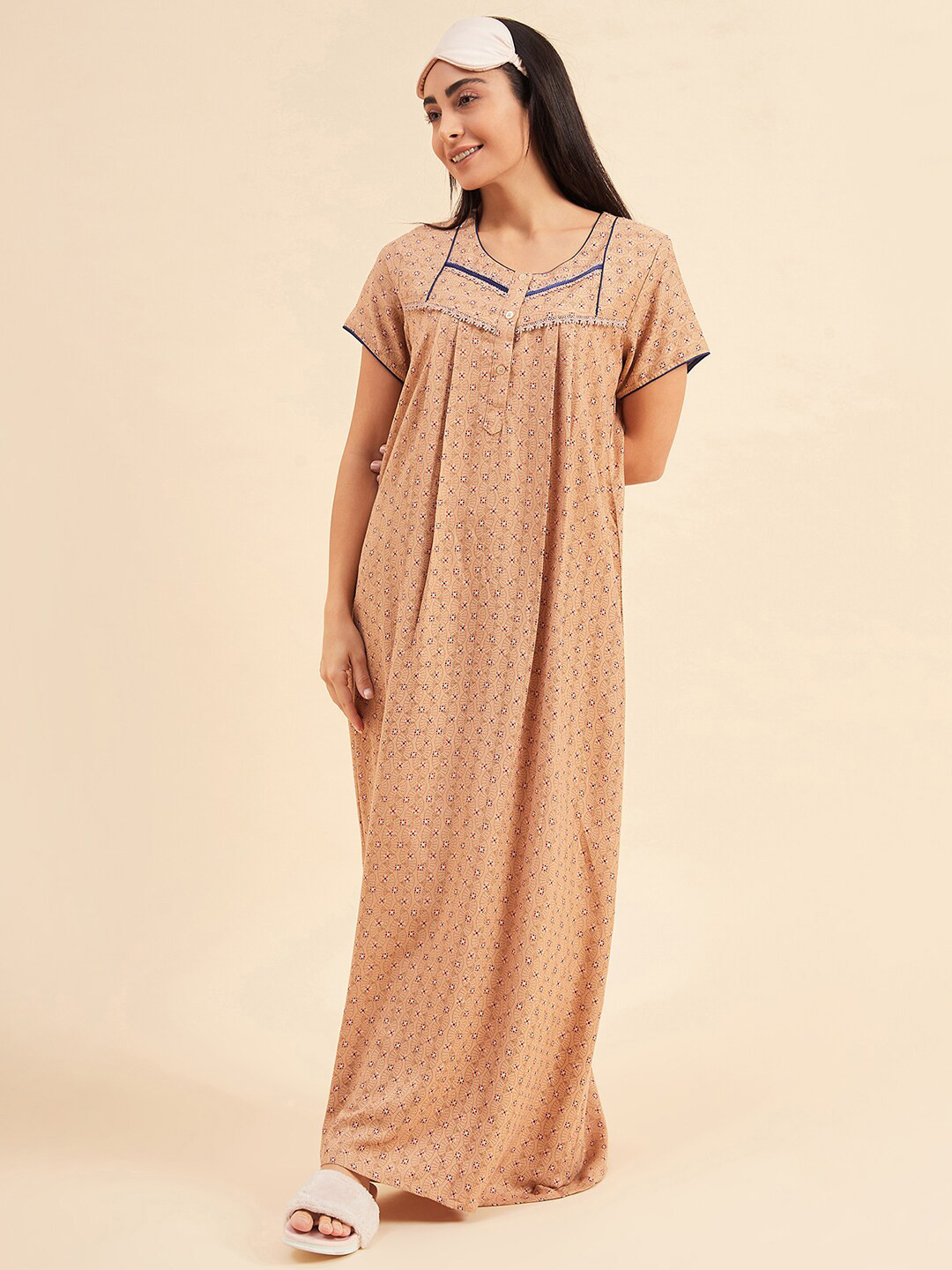 Sweet Dreams Cream-Coloured Printed Pure Cotton Maxi Nightdress