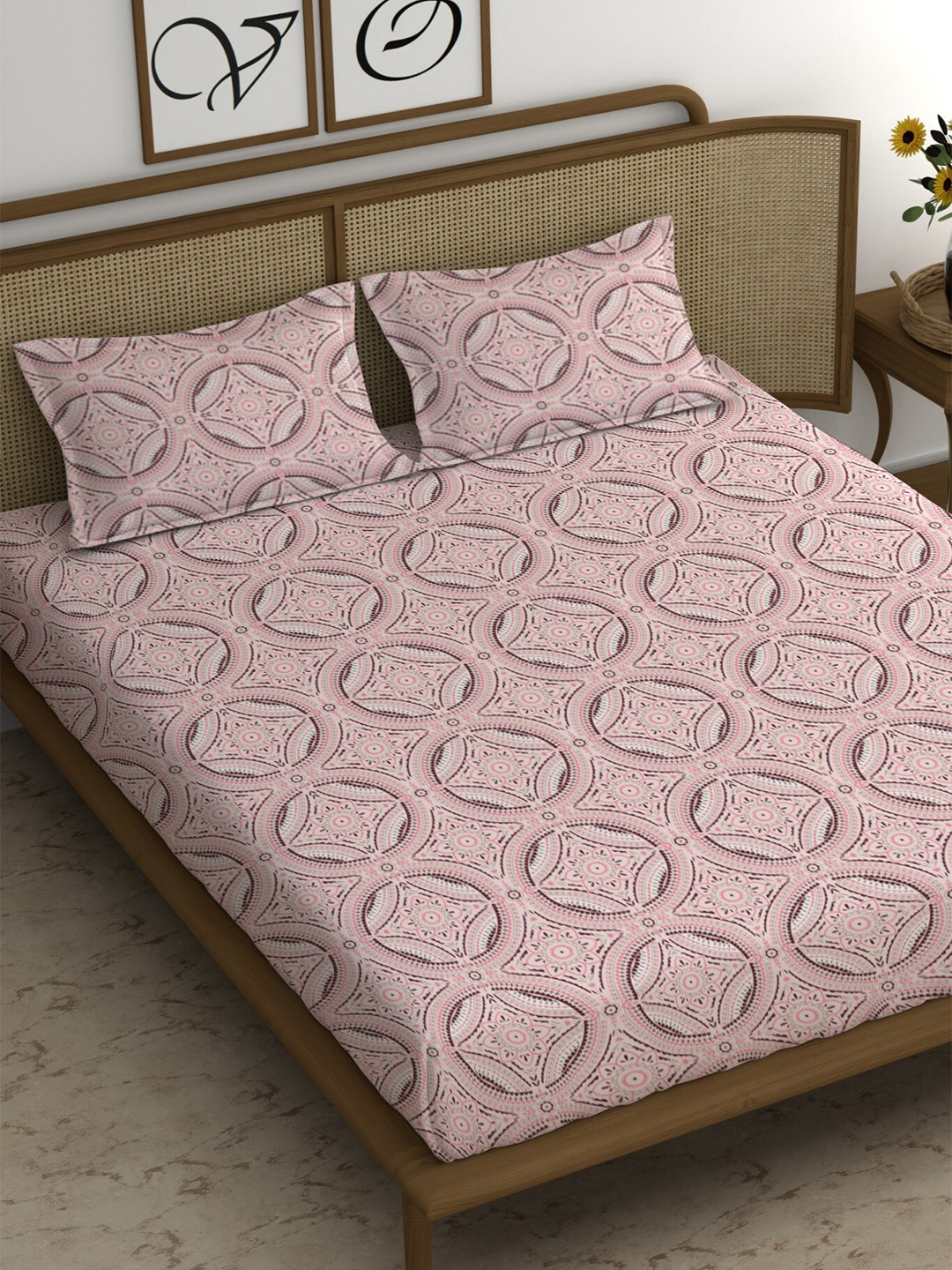 CHHAVI INDIA Pink Ethnic Motifs Polycotton 210 TC King Fine Bedsheet with 2 Pillow Covers-250 x 220 cm