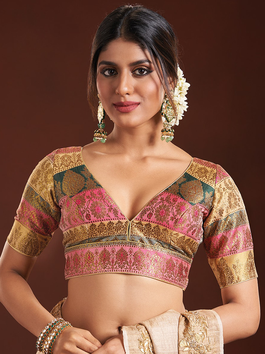 SALWAR STUDIO Woven-Design V Neck Brocade Saree Blouse