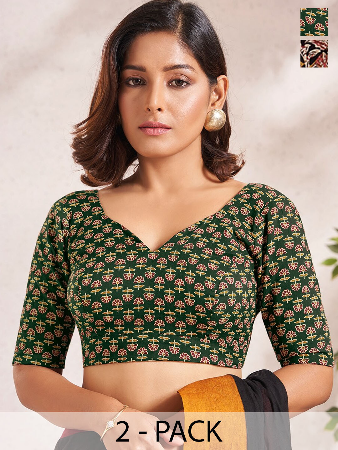 SALWAR STUDIO Pack Of 2 Printed Cotton Saree Blouse