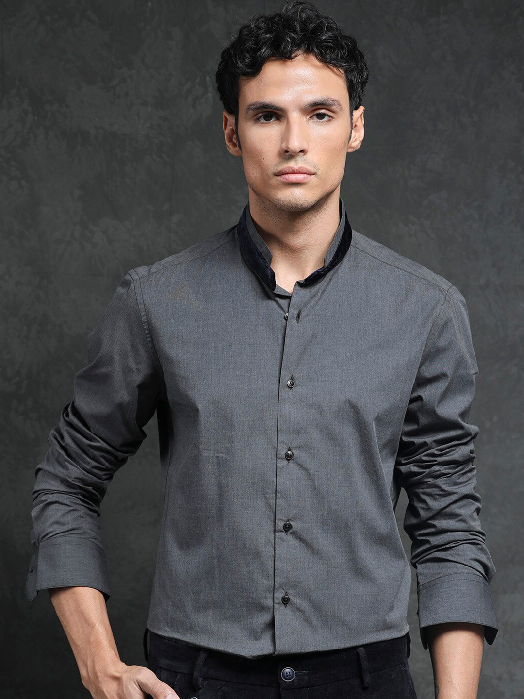 RARE RABBIT Men Fritz Mandarin Collar Slim Fit Opaque Cotton Shirt