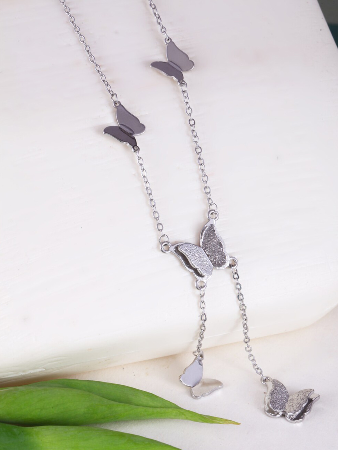 MEENAZ Stainless Steel Silver Plated Butterfly Pendant & Chain