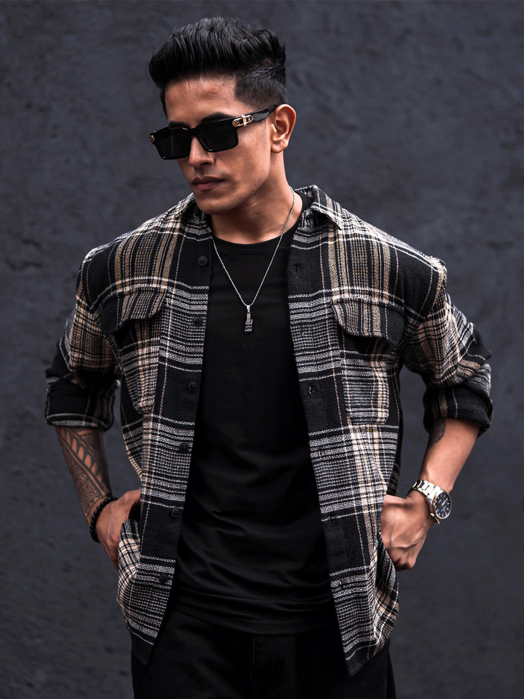 Powerlook Black India Slim Tartan Checked Oversized Casual Shirt