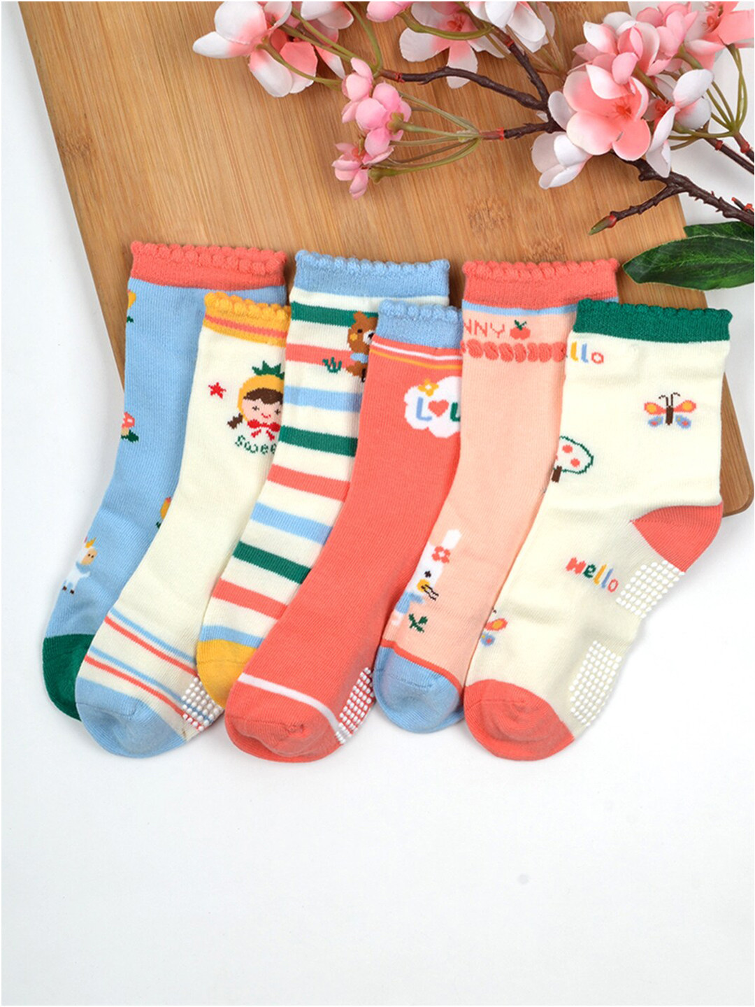 FOOTPRINT 6 Pairs Infant Kids Unisex Multi-Colored Ankle-Length Assorted Antiskid Cotton Socks