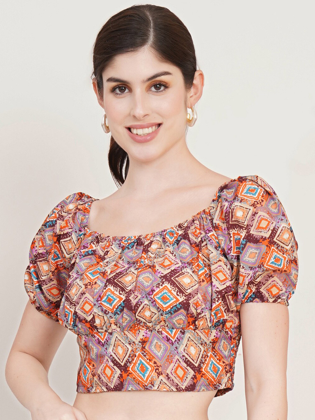 U&F Orange Ethnic Motifs Printed Square Neck Puffed Sleeves Smocked Fitted Crop Top