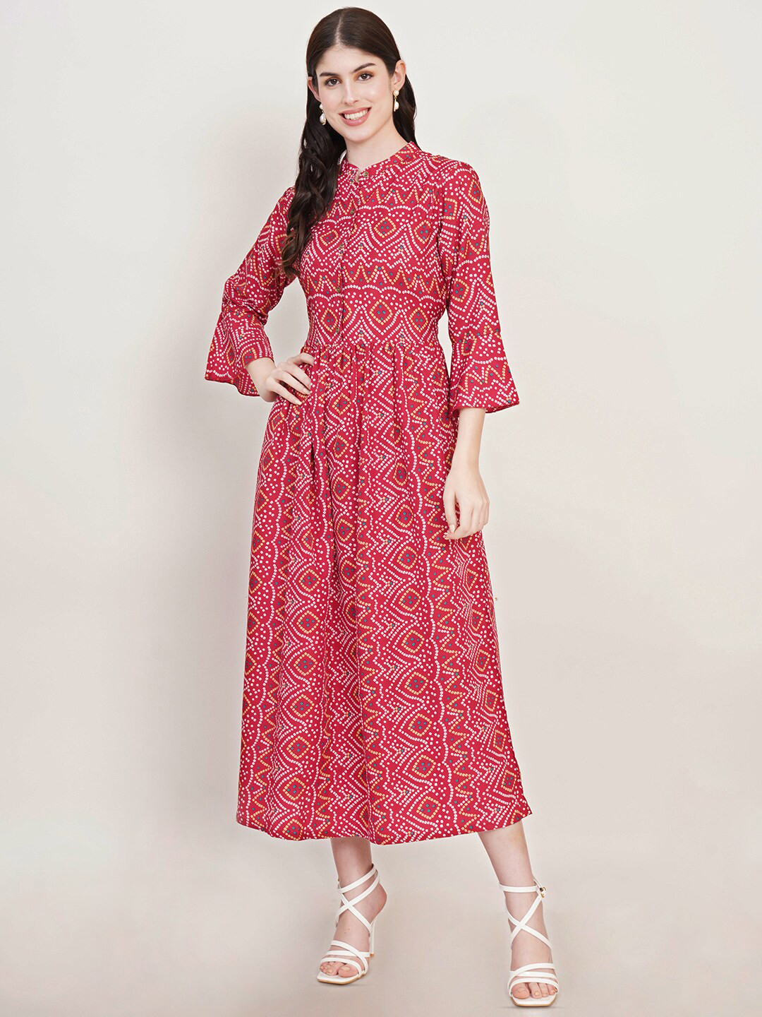U&F Geometric Printed Mandarin Collar Bell Sleeve Fit & Flare Maxi Dress