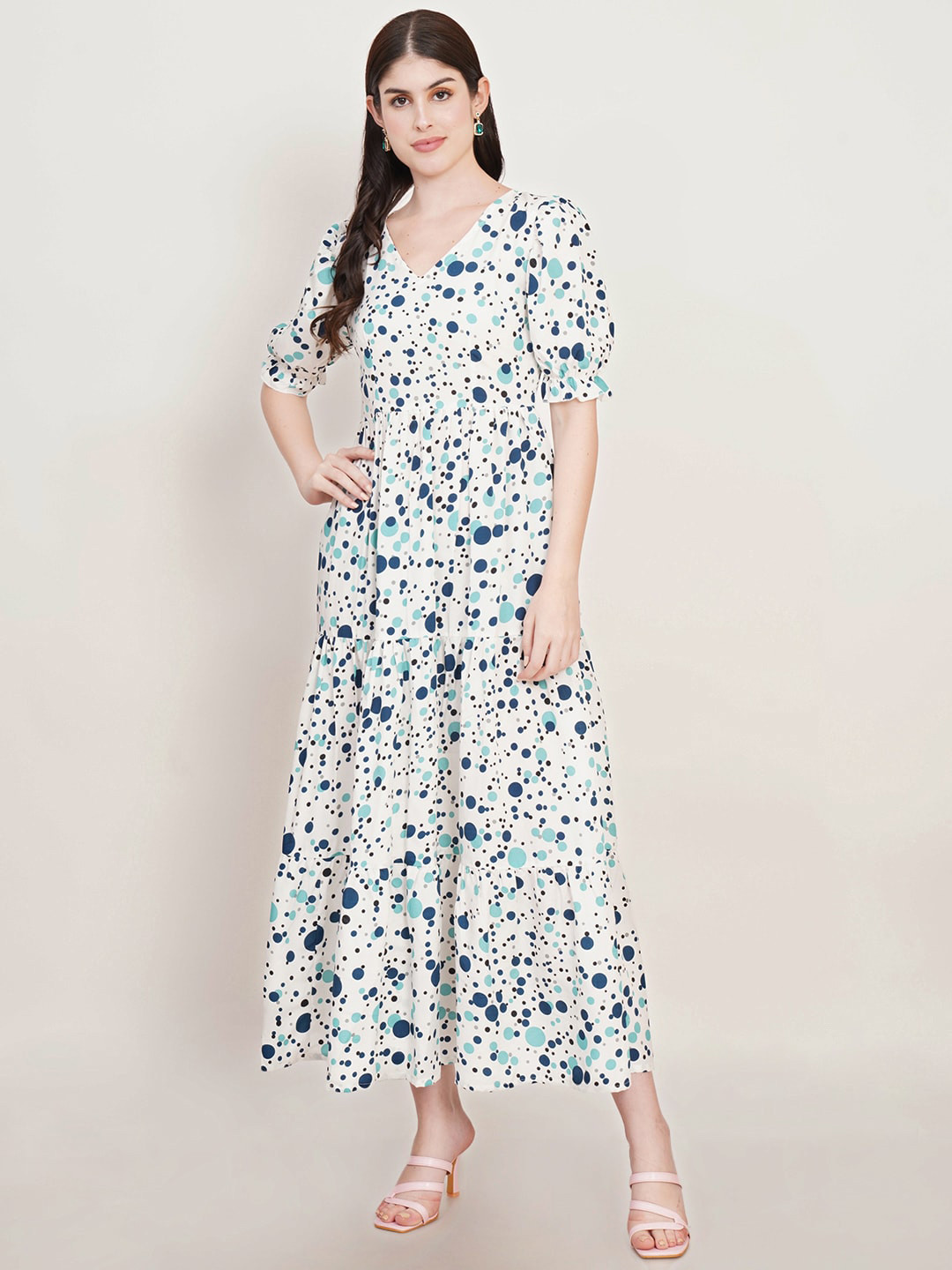 U&F White Floral Printed Puff Sleeve Crepe Fit and Flare Midi Dress