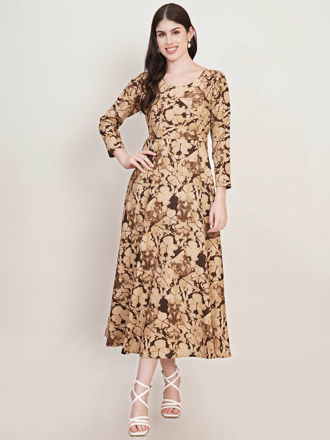 U&F Beige & Brown Printed Round Neck Fit & Flare Midi Dress