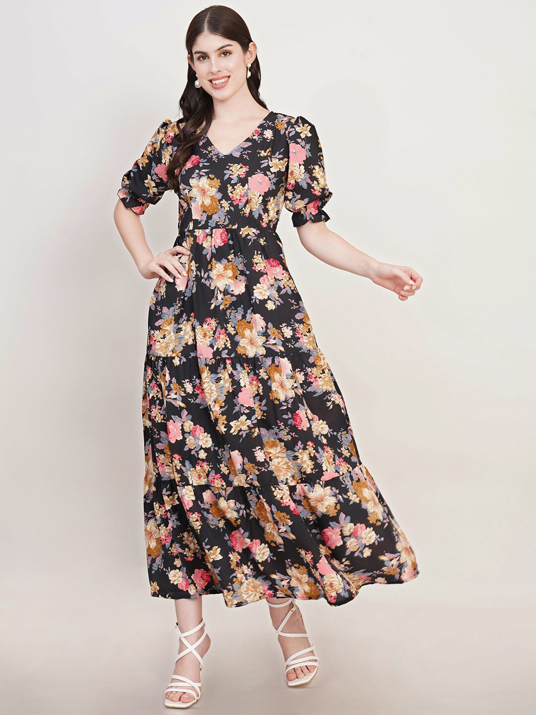 U&F Floral Print Puff Sleeve Crepe Fit & Flare Maxi Dress