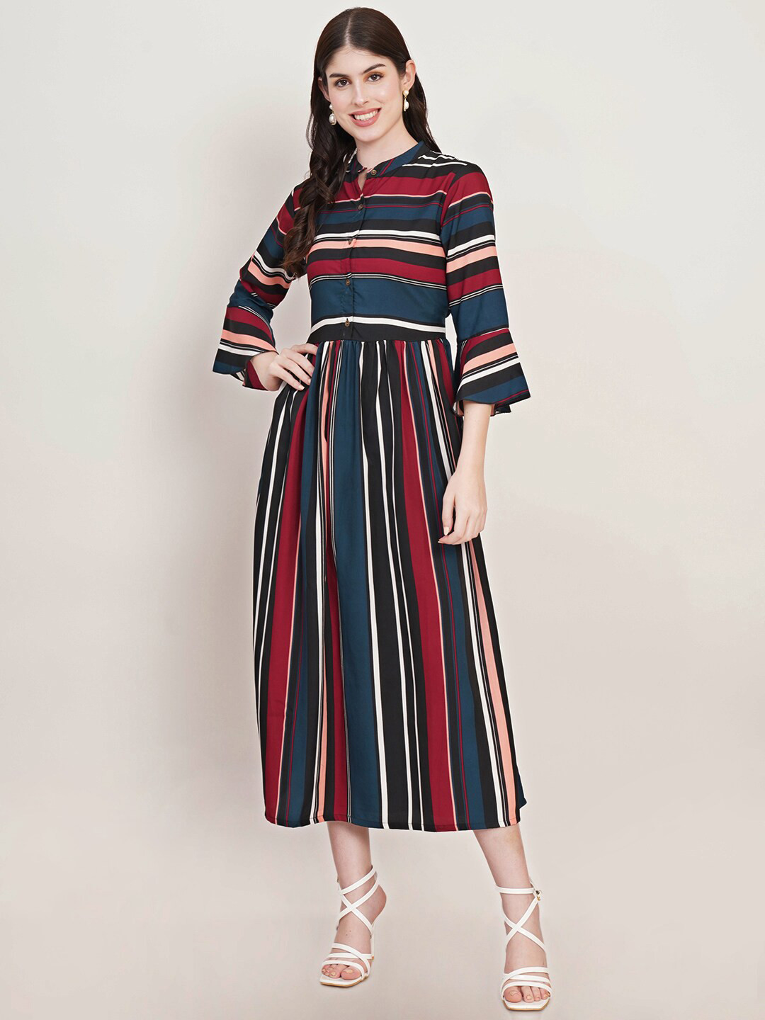 U&F Teal Striped Bell Sleeve Crepe Fit & Flare Midi Dress