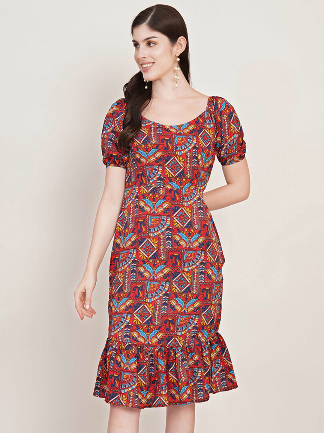 U&F Rust Ethnic Motifs Printed Puff Sleeve Crepe Sheath Dress