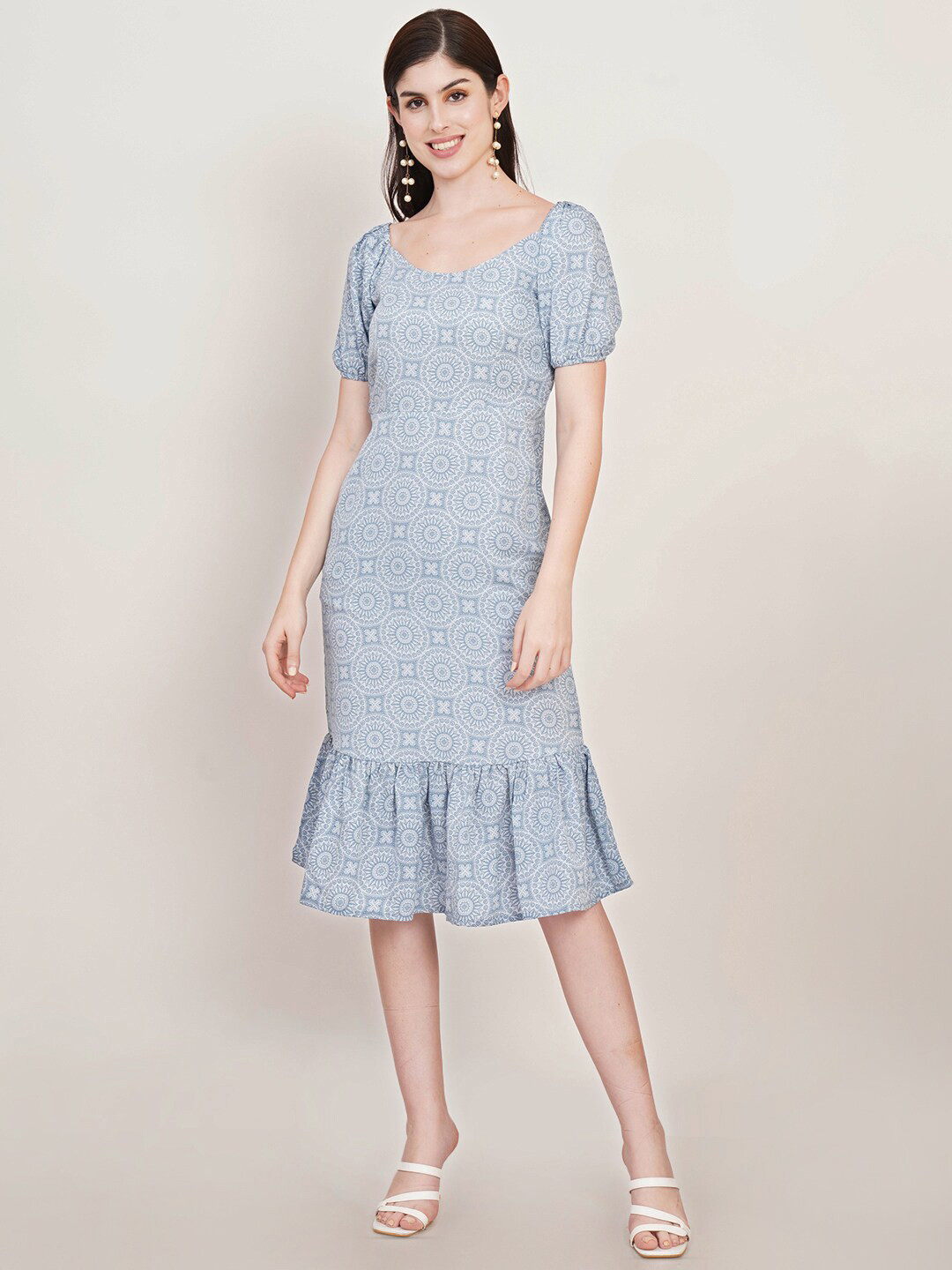 U&F Puff Sleeve Crepe Drop-Waist Midi Dress