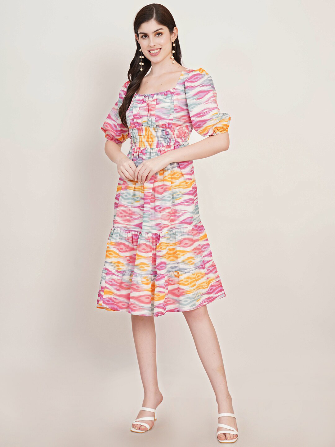 U&F Abstract Printed Square Neck Puff Sleeves Gathered Detail Fit & Flare Dress