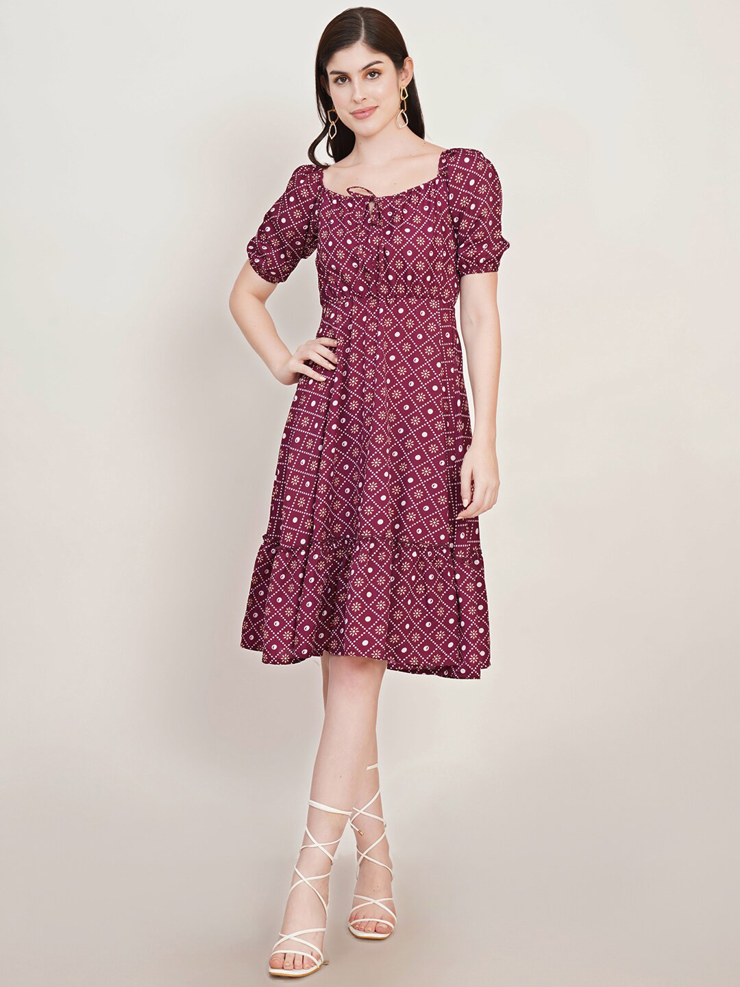 U&F Polka Dot Print Puff Sleeve Crepe Fit & Flare Dress
