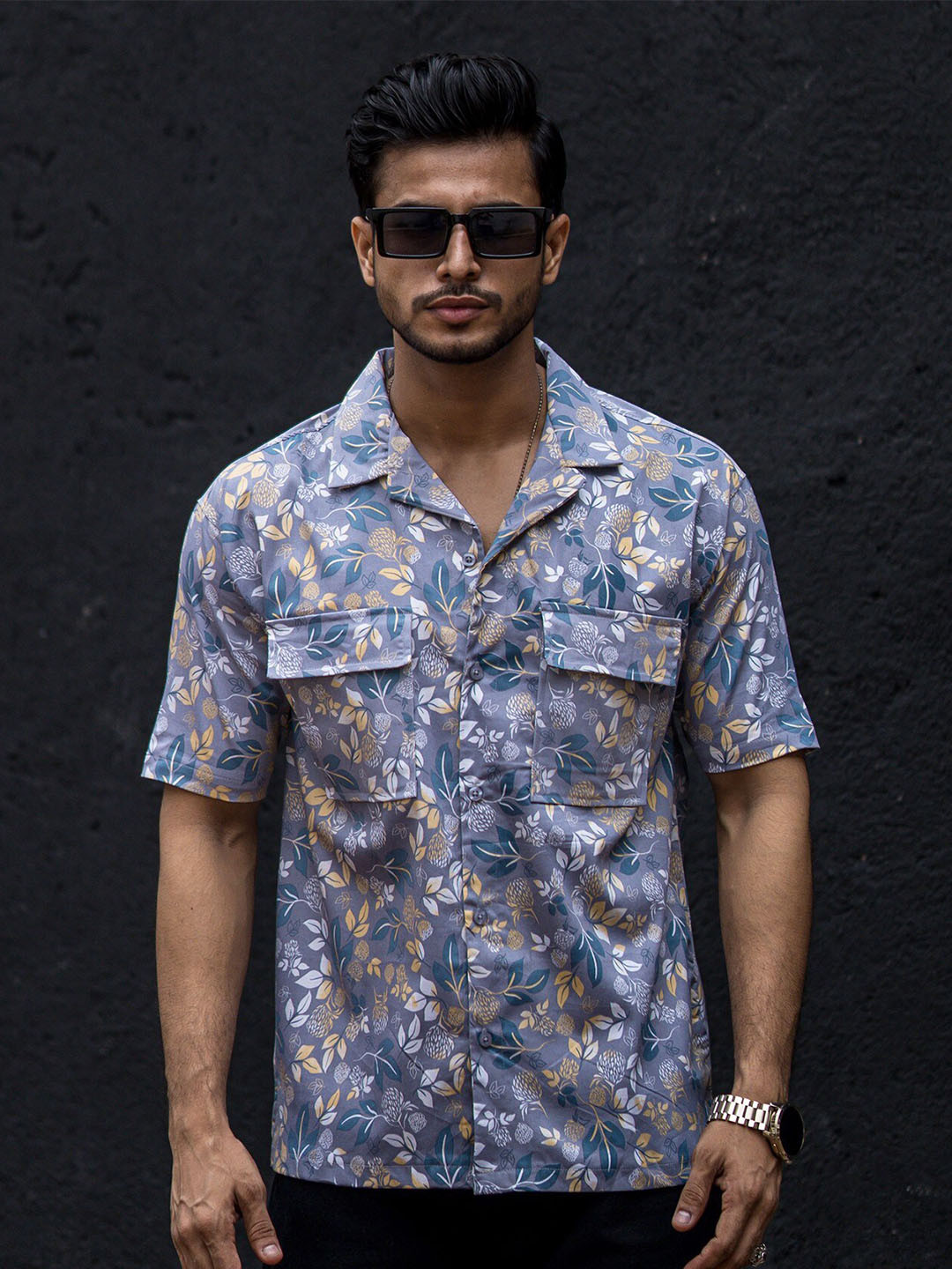 Maniac Classic Floral Printed Cuban Collar Pocket Cotton Casual Shirt