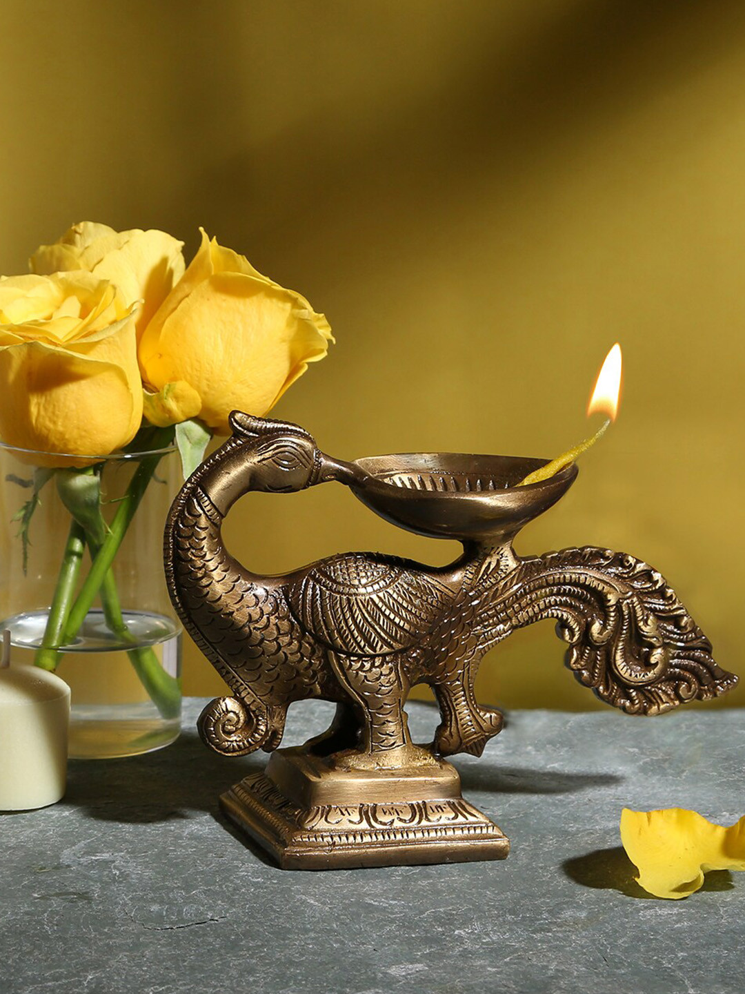 Two Moustaches Brown Peacock Design Oil Wick Brass Diya