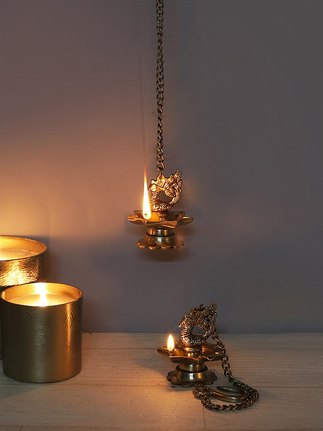 Two Moustaches Yellow 2 Pieces Peacock Carved Brass Hanging Diyas