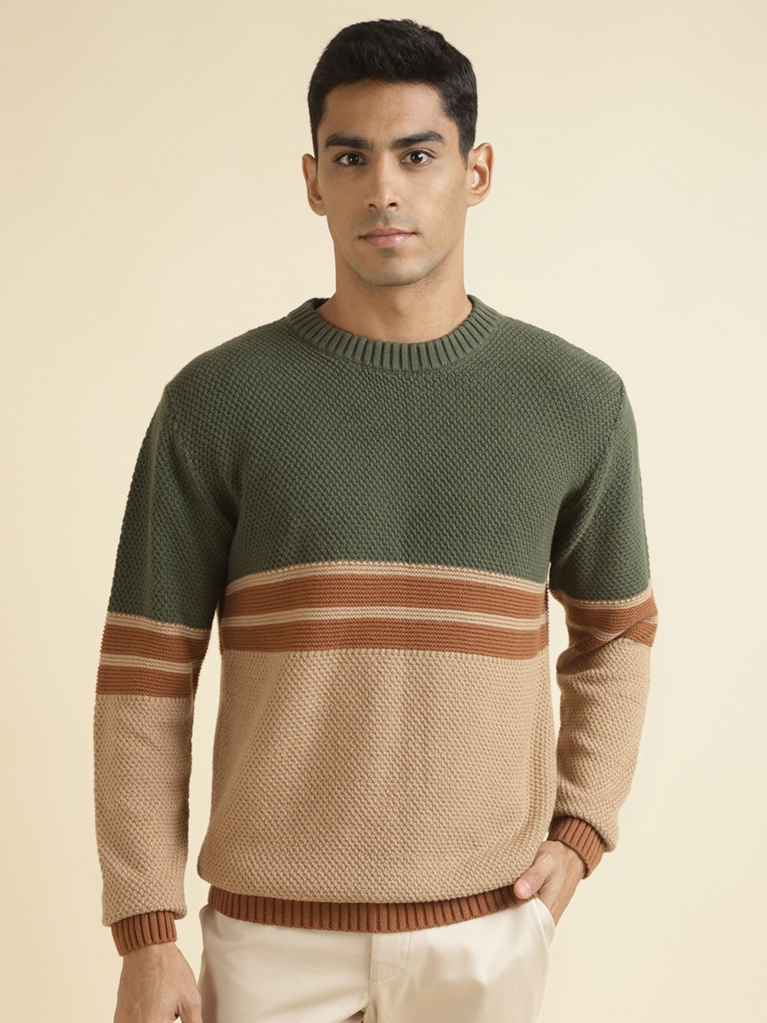 Andamen Beige Striped Round Neck Long Sleeves Cotton Pullover Full Sleeve Sweaters