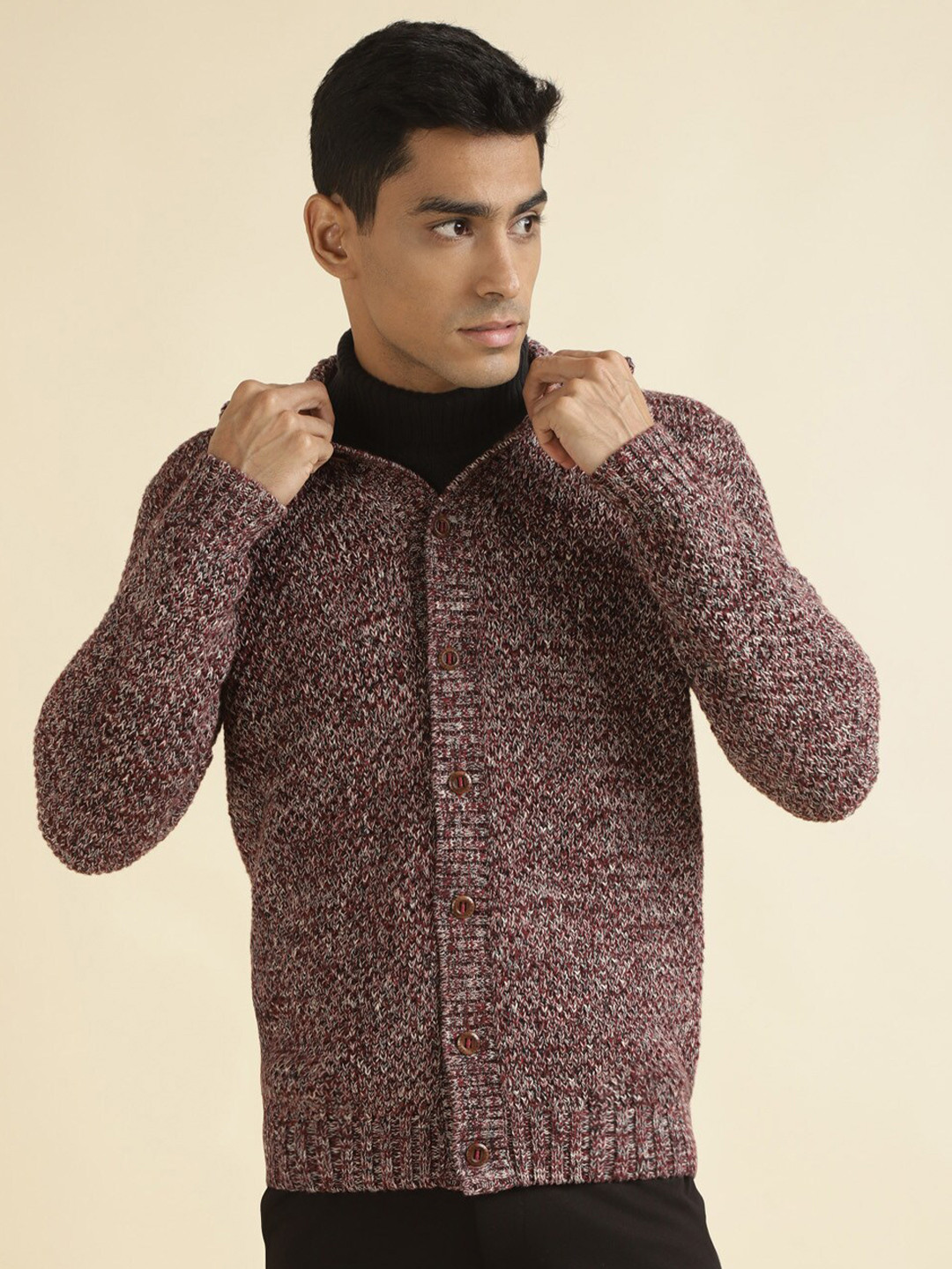 Andamen Open Knit Shirt Collar Long Sleeves Cotton Cardigan Sweaters