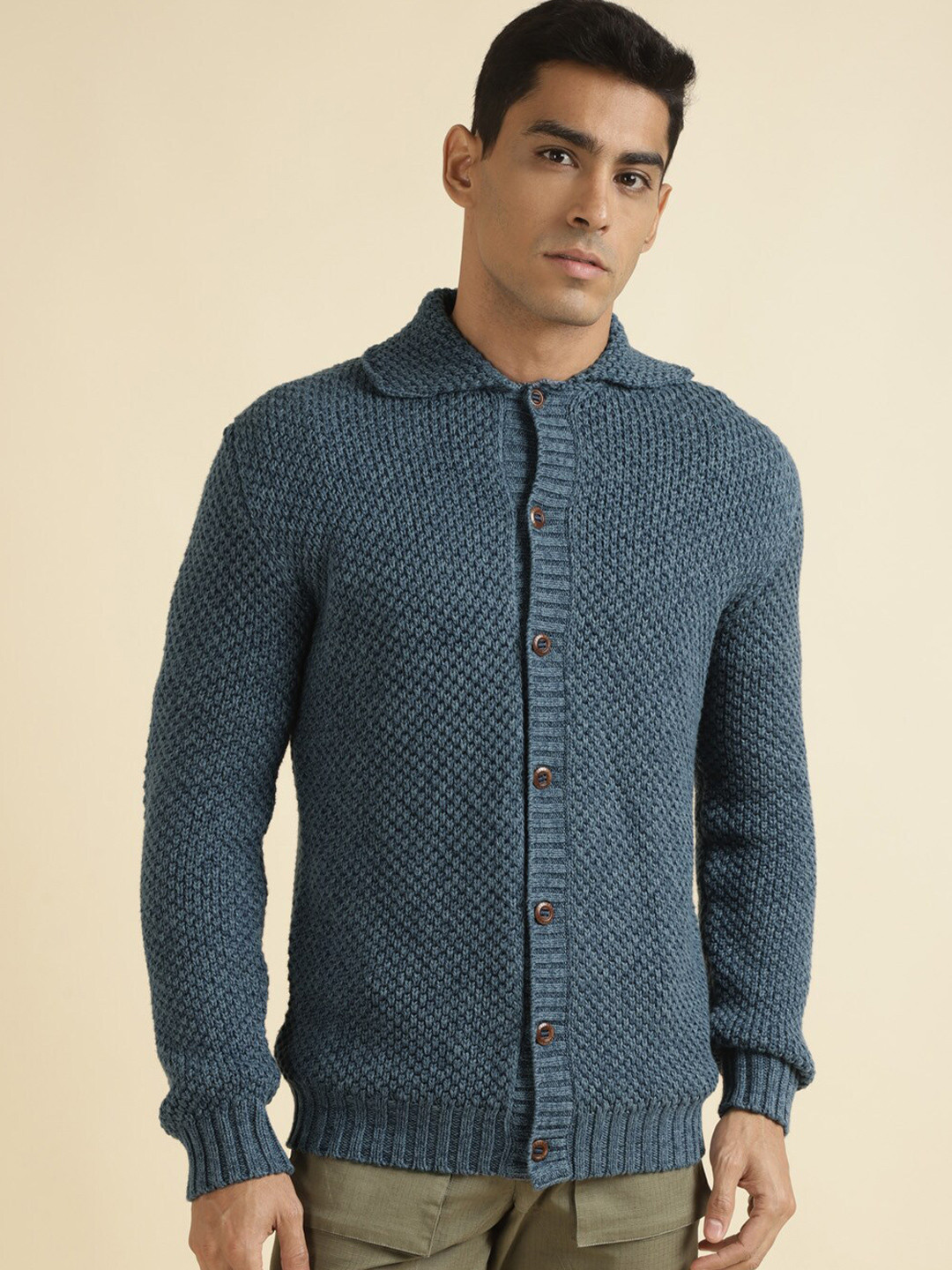 Andamen Cable Knit Shirt Collar Long Sleeves Cotton Cardigan Sweaters