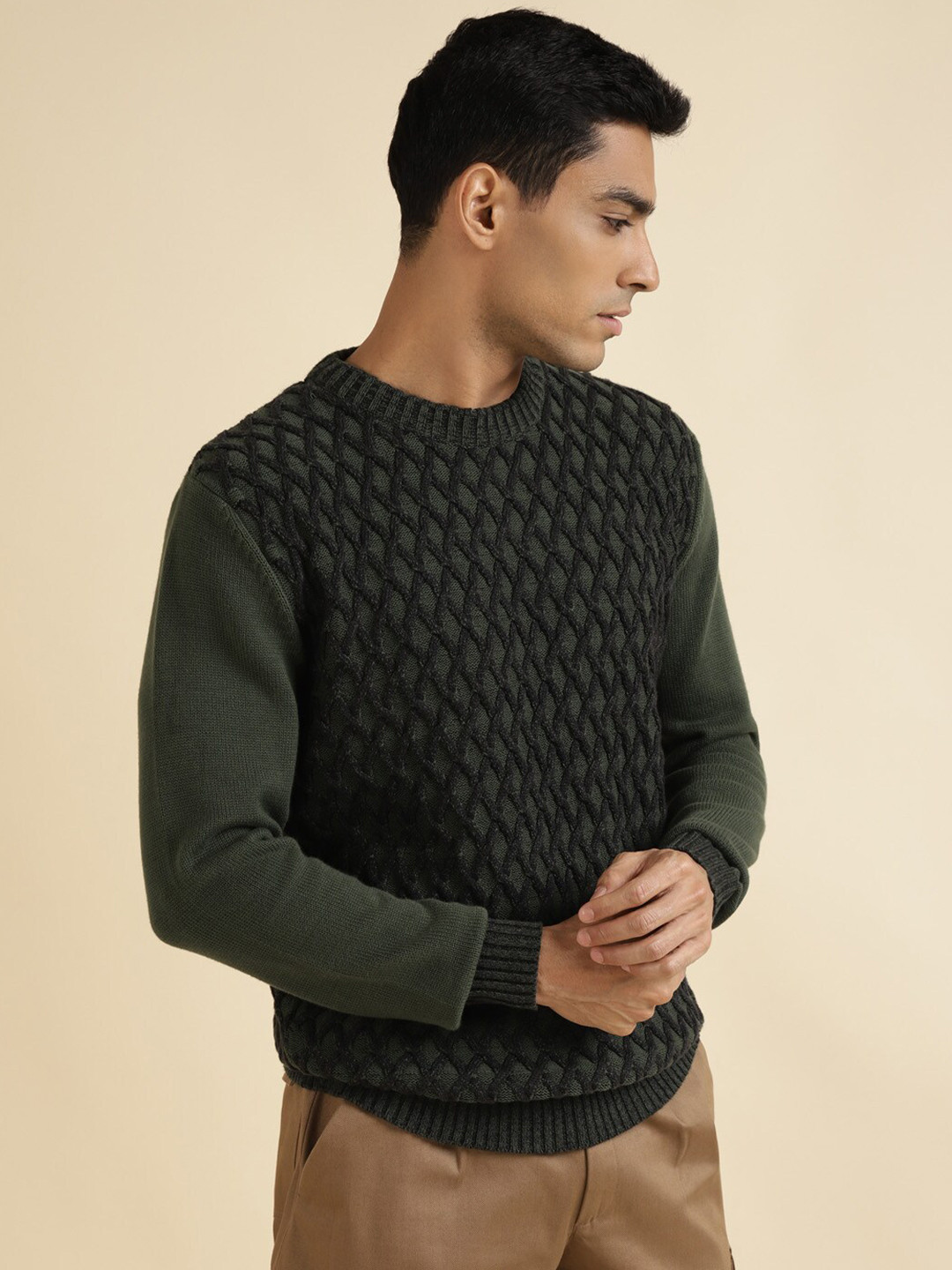 Andamen Cable Knit Round Neck Long Sleeves Pullover Cotton Sweaters