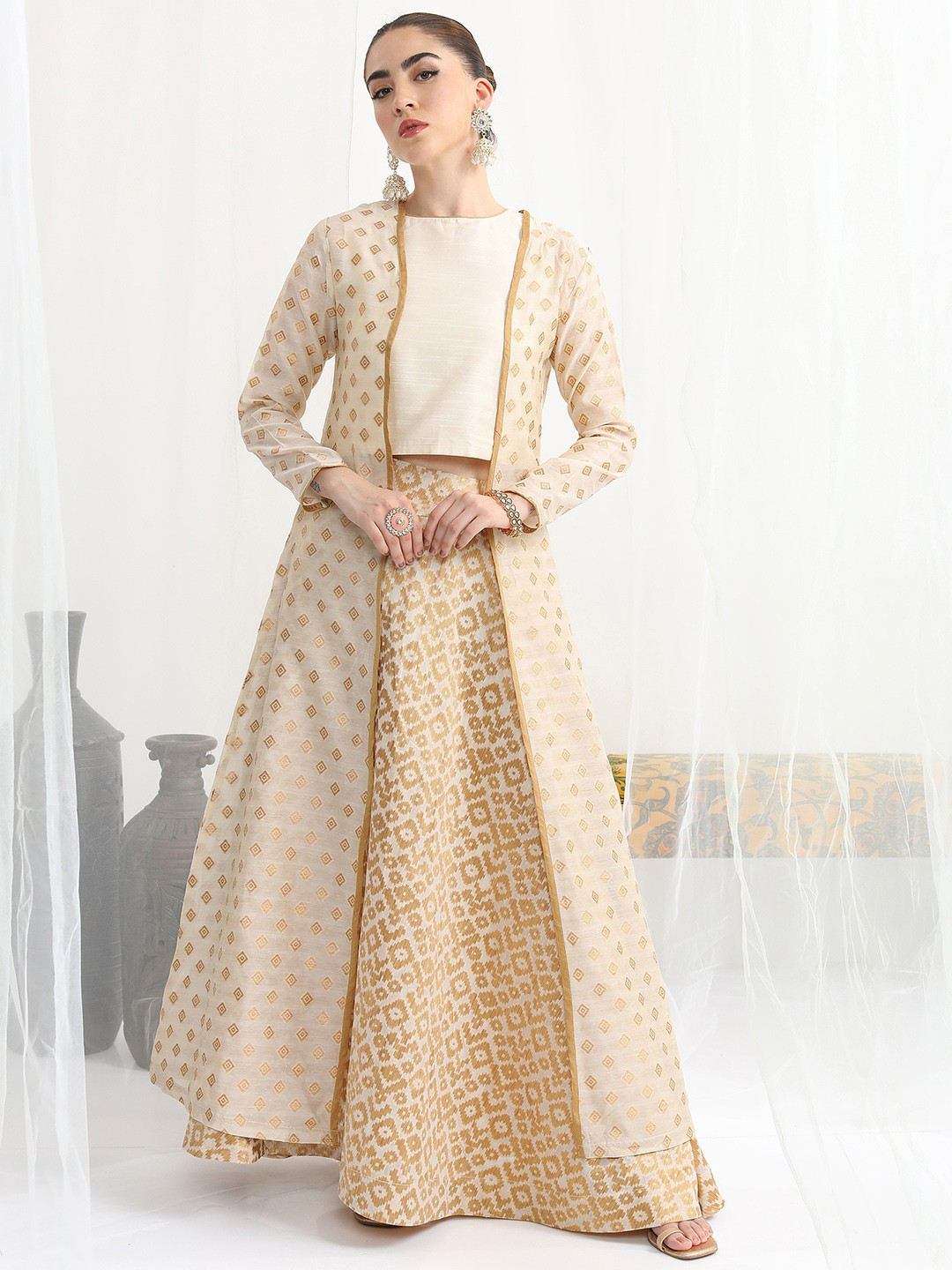 Vishudh Ethnic Motif Woven Design Ready To Wear Lehenga Choli With Shrug