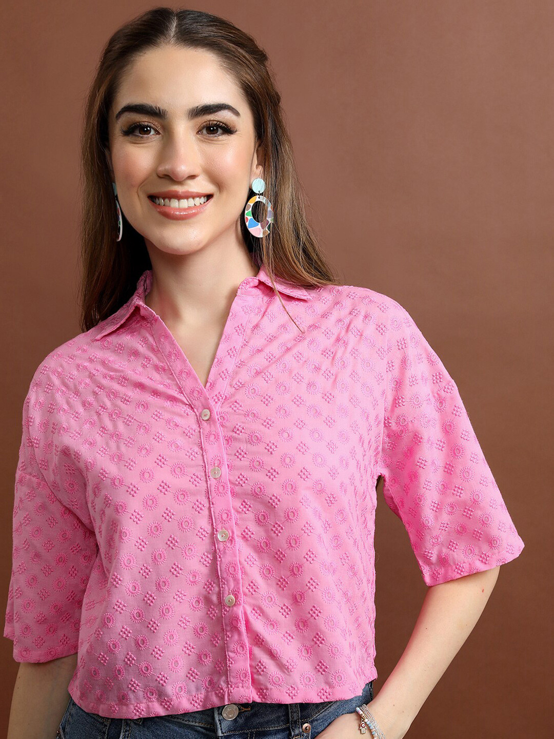 Vishudh Ethnic Motifs Embroidered Crop Casual Shirt