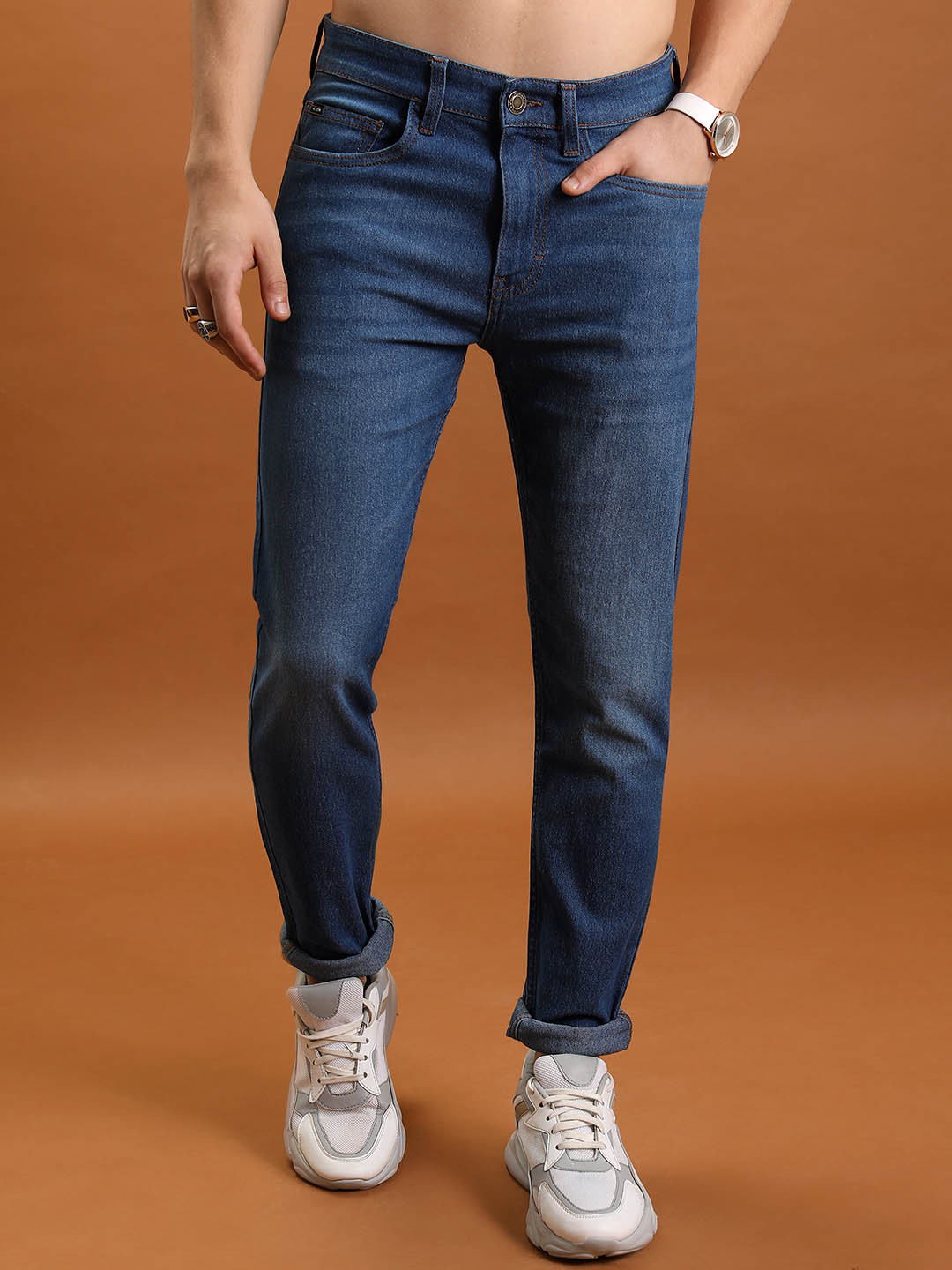HIGHLANDER Men Tapered Fit Clean Look Light Fade Stretchable Jeans