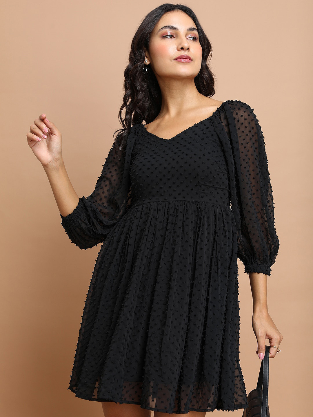 Tokyo Talkies Self Designed Puff Sleeve Gathered Fit & Flare Dress